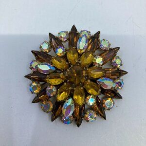 Vtg 1960 AUSTRIA ? topaz yellow aurora borealis crystal rhinestone 2" brooch